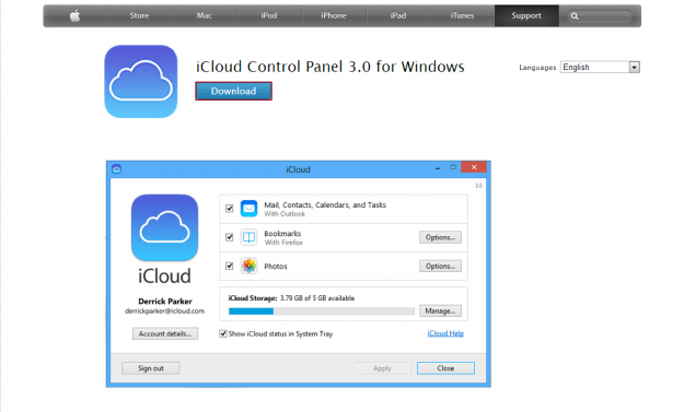 iCloud control panel pour Windows