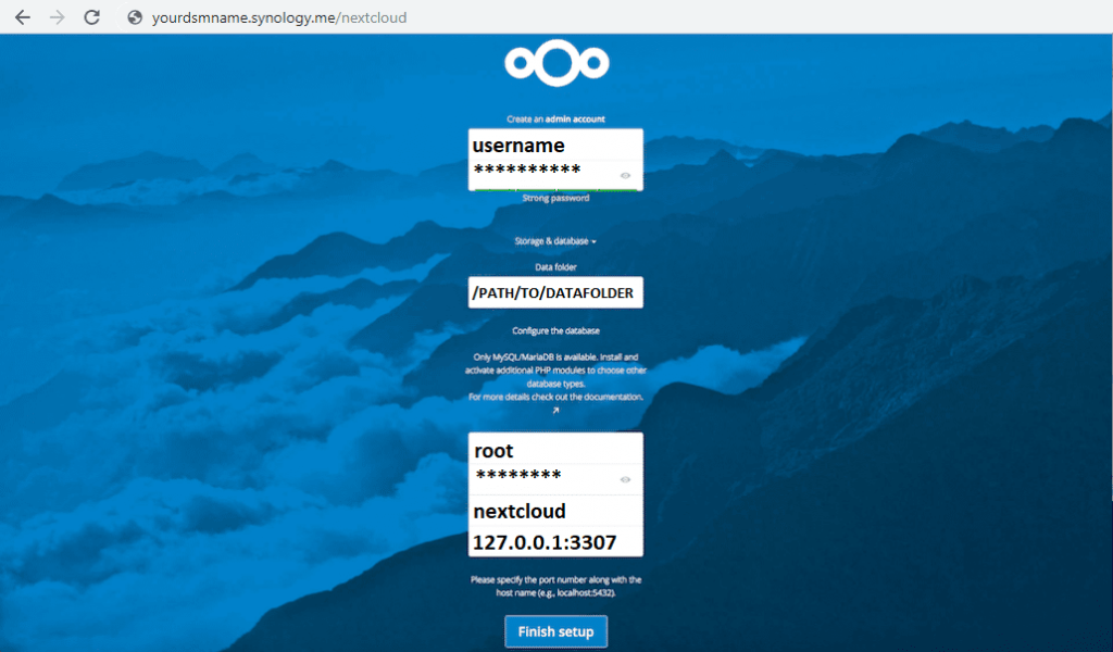 Synology Nextcloud -  page d'installation