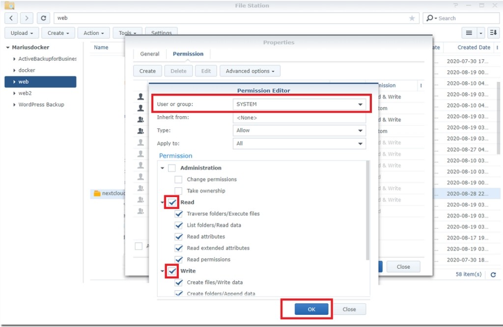 10 étapes pour installer Nextcloud sur votre Synology NAS 32 Cocher Lecture / Écriture