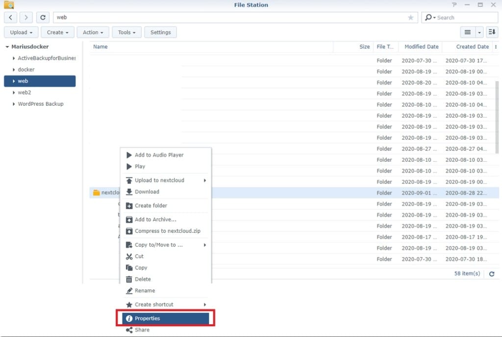 10 étapes pour installer Nextcloud sur votre Synology NAS 31 Propriétés dossier nexcloud