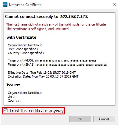 Cochez la case intitulée Faire confiance à ce certificat, puis cliquez sur OK.