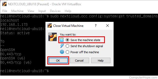 Dans VirtualBox, maintenez le bouton Ctrl droit et appuyez sur la touche Q, puis choisissez Enregistrer l'état.