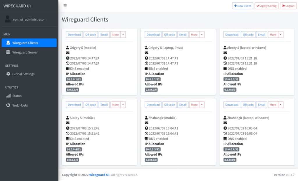 Interface utilisateur du VPN Wireguard